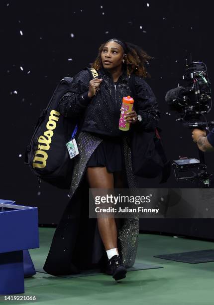 Serena Williams of the United States walks out for her match against Danka Kovinic of Montenegro during the Women's Singles First Round on Day One of...
