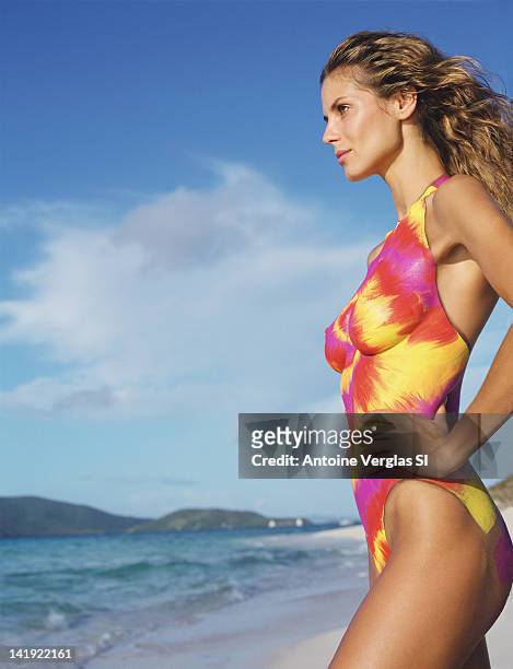 Swimsuit Issue 1999: Model Heidi Klum poses for the 1999 Sports Illustrated swimsuit issue on February 1, 1999 on Necker Island. Body painting by...