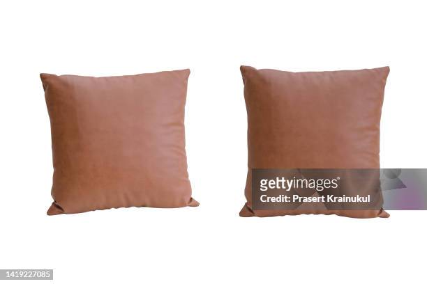 brown square pillows isolated on white background, clipping path - cushion stockfoto's en -beelden