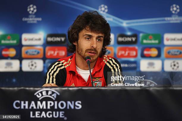 Pablo Aimar of Benfica talks during a press conference ahead of the UEFA Champions League Quarter Final first leg match between Benfica and Chelsea...