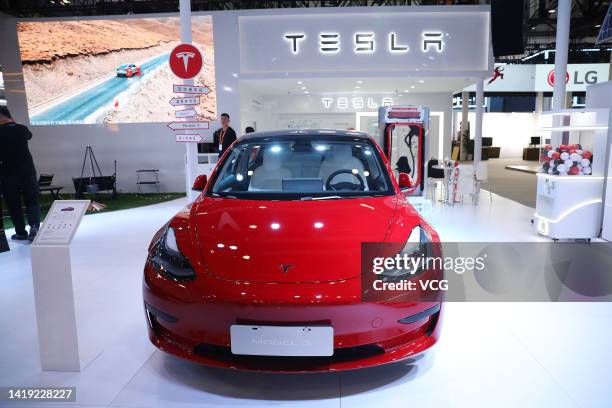 Tesla Model 3 vehicle is on display at Tesla booth ahead of the 2022 China International Fair for Trade in Services at China National Convention...