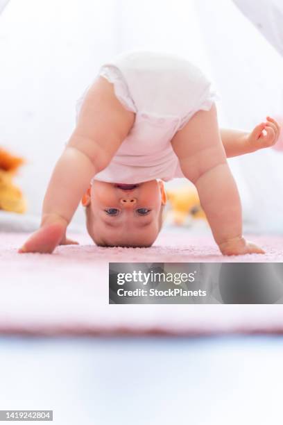 glückliches kleines mädchen, das zu hause kopfüber auf dem teppich steht - babyausrüstung stock-fotos und bilder