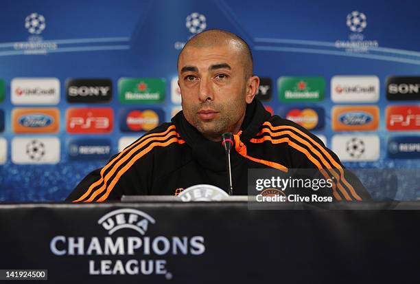 Roberto Di Matteo, caretaker manager of Chelsea talks during a press conference ahead of the UEFA Champions League Quarter Final first leg match...