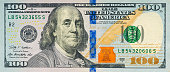 Large fragment of 100 hundred dollars bill banknote. Old American money banknote, vintage retro, usd