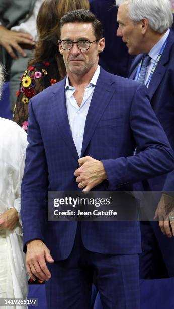 Hugh Jackman attends the victory of Serena Williams of USA on Day 1 of the US Open 2022, 4th Grand Slam of the season, at the USTA Billie Jean King...