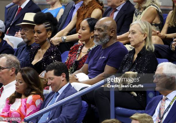 Anika Noni Rose, Mike Tyson and his wife Kiki Tyson, Martina Navratilova attend the victory of Serena Williams of USA on Day 1 of the US Open 2022,...