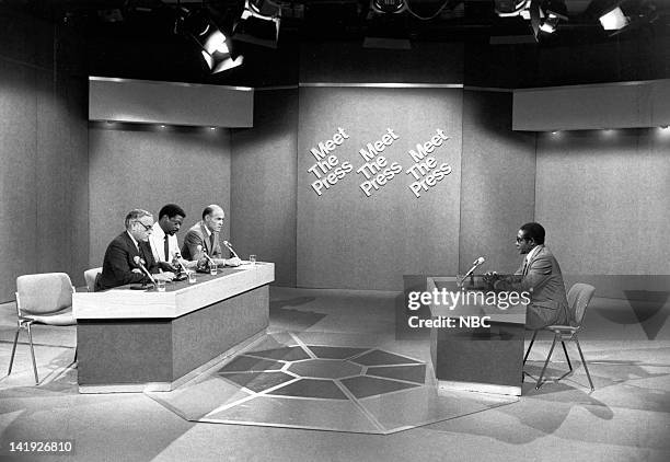 Pictured: Panel: Chicago Sun Times' Robert Novak, Newsday's Les Payne, NBC News' moderator Bill Monroe, Prime Minister of Zimbabwe Robert Mugabe on...