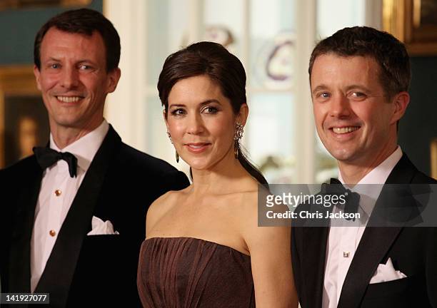 Prince Joachim of Denmark, Crown Princess Mary of Denmark and Crown Prince Frederik of Denmark take part in a receiving line ahead of an official...