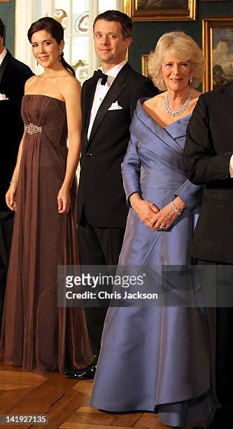 Crown Princess Mary of Denmark, Crown Prince Frederik of Denmark and Camilla, Duchess of Cornwall take part in a receiving line ahead of an official...