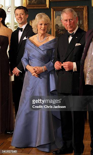 Crown Prince Frederik of Denmark, Camilla, Duchess of Cornwall and Prince Charles, Prince of Wales take part in a receiving line ahead of an official...