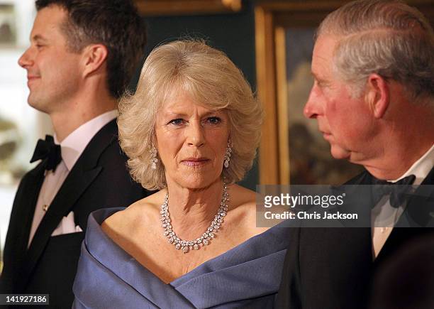 Crown Prince Frederik of Denmark, Camilla, Duchess of Cornwall and Prince Charles, Prince of Wales take part in a receiving line ahead of an official...