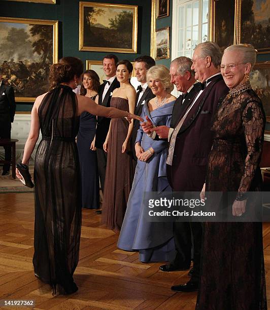 Actress Sofie Grabol greets Camilla, Duchess of Cornwall and Prince Charles, Prince of Wales in a receiving line ahead of an official dinner at the...