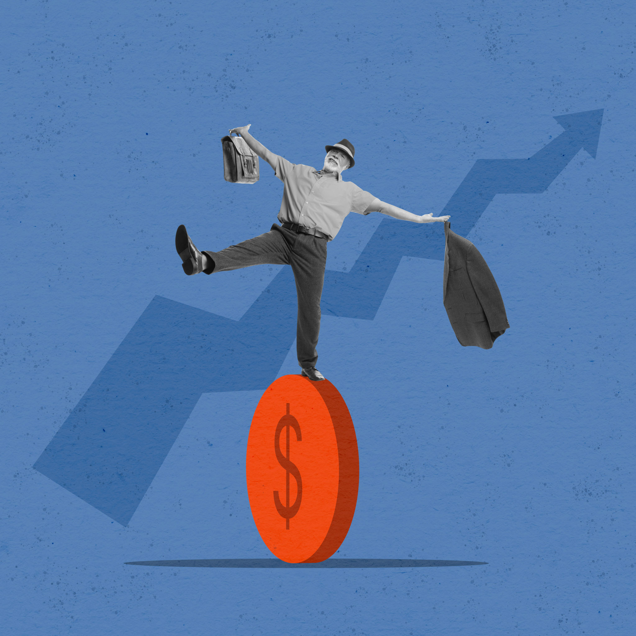 Senior businessman dancing on huge coins with dollar sign on blue background. Concept of earning, saving and investing money. Art collage Senior businessman dancing on huge coins with dollar sign on blue background. Concept of earning, saving and investing money. Art collage