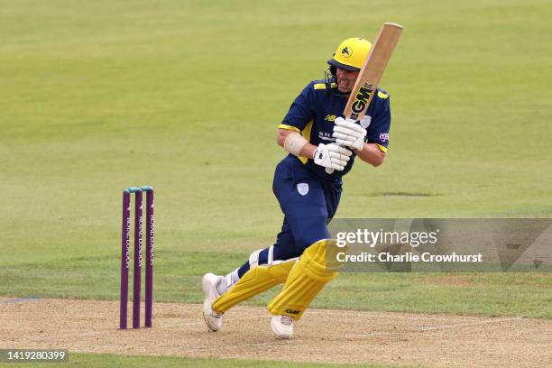 Nick Gubbins of Hampshire hits out during the Royal London Cup Semi Final between Hampshire and Kent Spitfires at The Ageas Bowl on August 30, 2022...