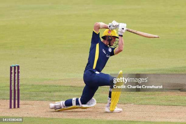 Nick Gubbins of Hampshire hits out during the Royal London Cup Semi Final between Hampshire and Kent Spitfires at The Ageas Bowl on August 30, 2022...