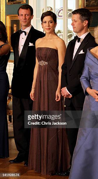 Prince Joachim of Denmark, Crown Princess Mary of Denmark and Crown Prince Frederik of Denmark take part in a receiving line ahead of an official...