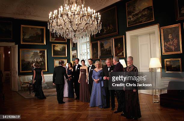 Camilla, Duchess of Cornwall and Prince Charles, Prince of Wales take part in a receiving line with Queen Margrethe II of Denmark and members of the...
