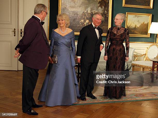 Prince Consort Henrik of Denmark, Camilla, Duchess of Cornwall, Prince Charles, Prince of Wales and Queen Margarethe II of Denmark attend an official...