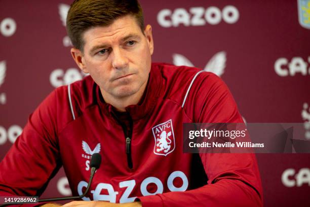Steven Gerrard head coach of Aston Villa talks to the press during a press conference at Bodymoor Heath training ground on August 30, 2022 in...