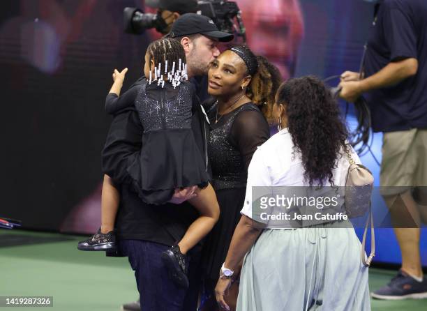 Serena Williams of USA with husband Alexis Ohanian and their daughter Olympia Ohanian Jr during the ceremony honoring her career following her first...