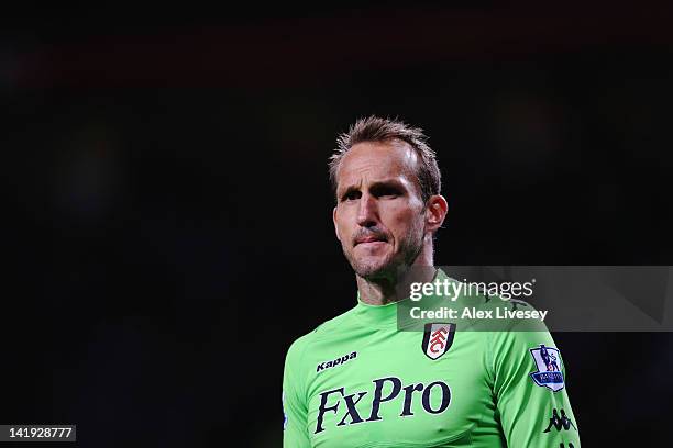 Mark Schwarzer of Fulham looks on during the Barclays Premier League match between Manchester United and Fulham at Old Trafford on March 26, 2012 in...