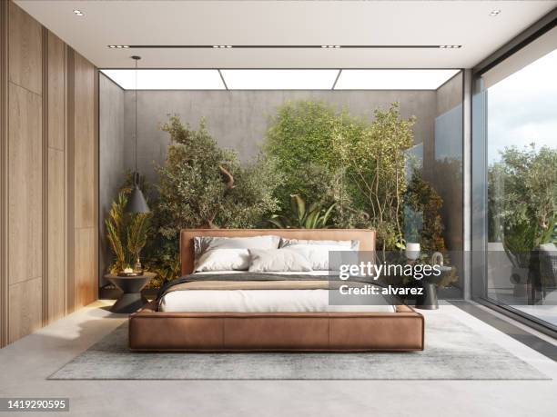 3d rendering of comfortable bed in a luxury resort bedroom - hotel suite stock pictures, royalty-free photos & images