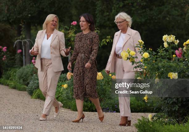 German Interior and Homeland Minister Nancy Faeser, Foreign Minister Annalena Baerbock and Defense Minister Christine Lambrecht arrive to speak to...