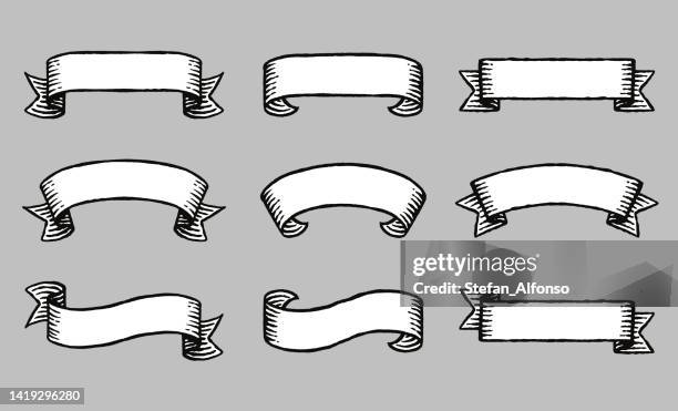 ilustraciones, imágenes clip art, dibujos animados e iconos de stock de conjunto de cintas y etiquetas dibujadas a mano, estilo de grabado, aspecto retro - rollo medios impresos