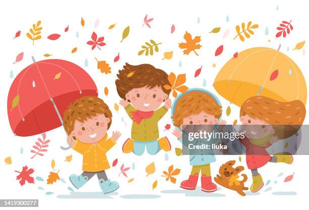 gruppe von kindern, die in den fallenden herbstblättern spielen und springen - wasserdichte kleidung stock-grafiken, -clipart, -cartoons und -symbole