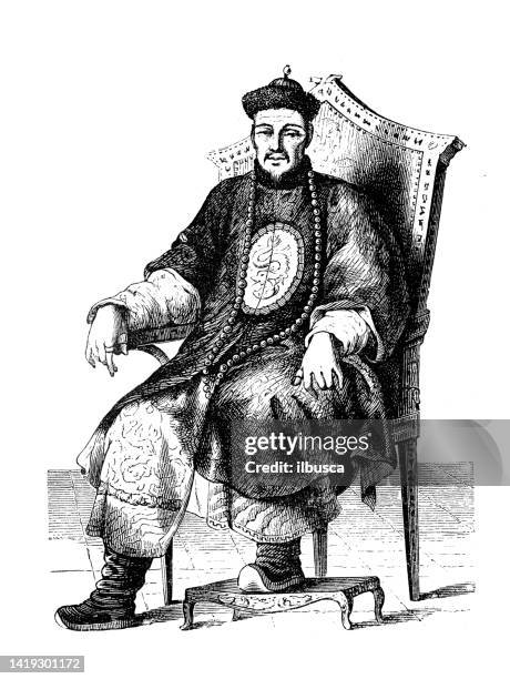 antique illustration, ethnography and indigenous cultures: east asia, qianlong emperor - qing dynasty stock illustrations