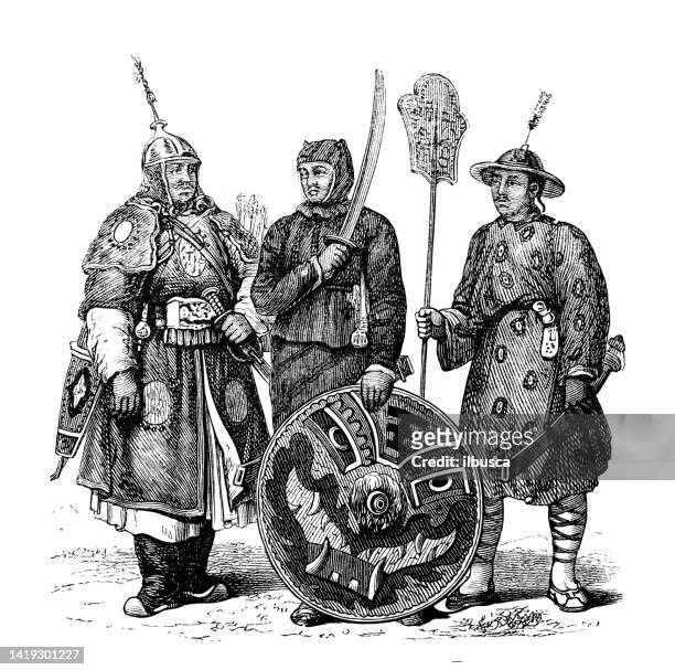 antique illustration, ethnography and indigenous cultures: east asia, chinese warriors - ancient china stock illustrations