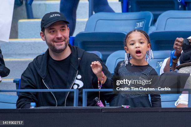 August 29: Serena Williams's daughter Olympia and husband Alexis Ohanian in the team box as Serena Williams of the United States prepares for her...