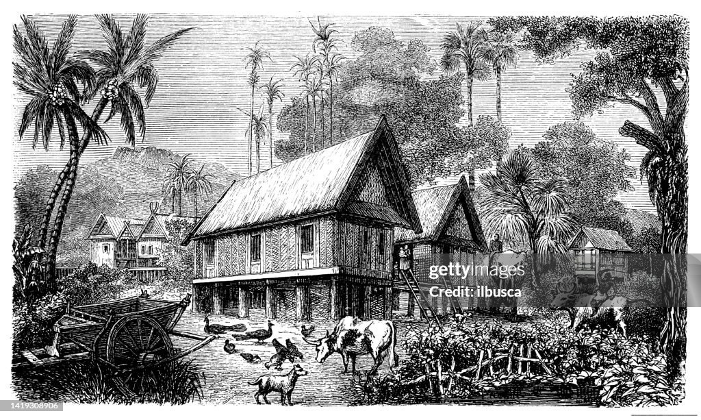 Antique illustration, ethnography and indigenous cultures: East Asia, Laos village