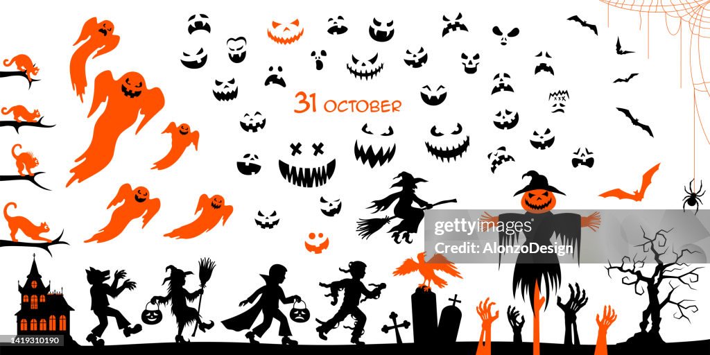 Halloween Scene. Set of elements for Halloween. Collection of black silhouettes.