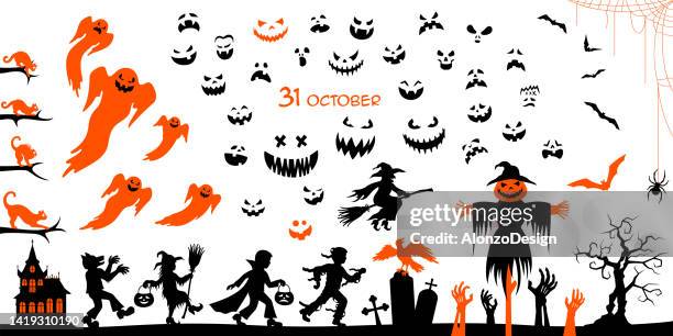 halloween scene. set of elements for halloween. collection of black silhouettes. - mouth smirk stock illustrations