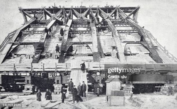 construction of the jennisseibrücke, siberian railway - train track construction stock illustrations