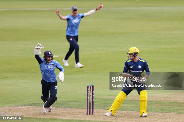 Kent wicket keeper Ollie Robinson celebrates after taking the catch off of Hampshire's Tom Prest during the Royal London Cup Semi Final between...