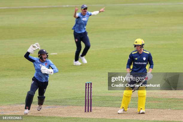 Kent wicket keeper Ollie Robinson celebrates after taking the catch off of Hampshire's Tom Prest during the Royal London Cup Semi Final between...