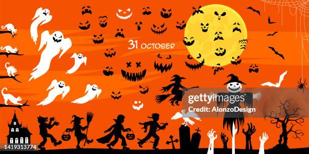 halloween scene. set of elements for halloween. collection of black silhouettes. - scary pumpkin faces stock illustrations