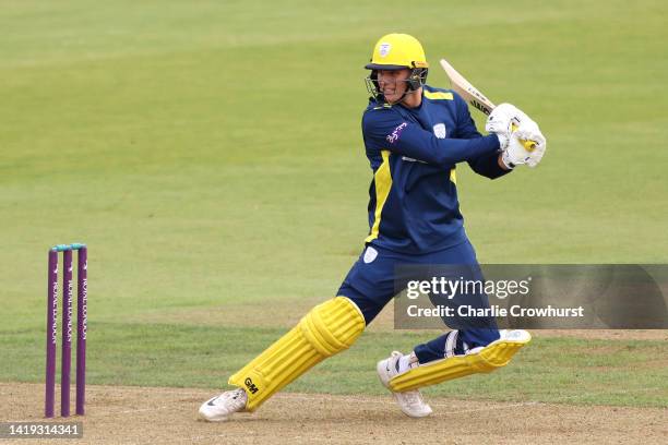 Toby Albert of Hampshire hits out during the Royal London Cup Semi Final between Hampshire and Kent Spitfires at The Ageas Bowl on August 30, 2022 in...