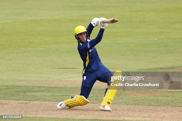 Toby Albert of Hampshire hits out during the Royal London Cup Semi Final between Hampshire and Kent Spitfires at The Ageas Bowl on August 30, 2022 in...