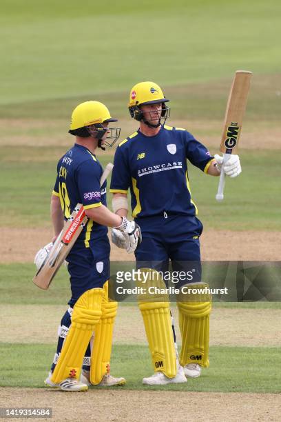 Nick Gubbins of Hampshire celebrates his half century during the Royal London Cup Semi Final between Hampshire and Kent Spitfires at The Ageas Bowl...