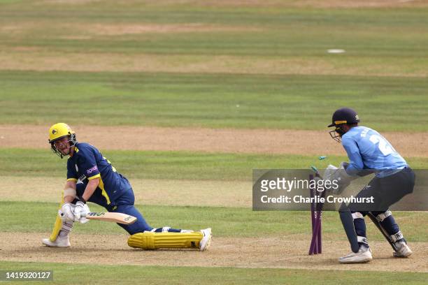 Nick Gubbins of Hampshire looks on as he is bowled out by Kent's Joe Denly during the Royal London Cup Semi Final between Hampshire and Kent...