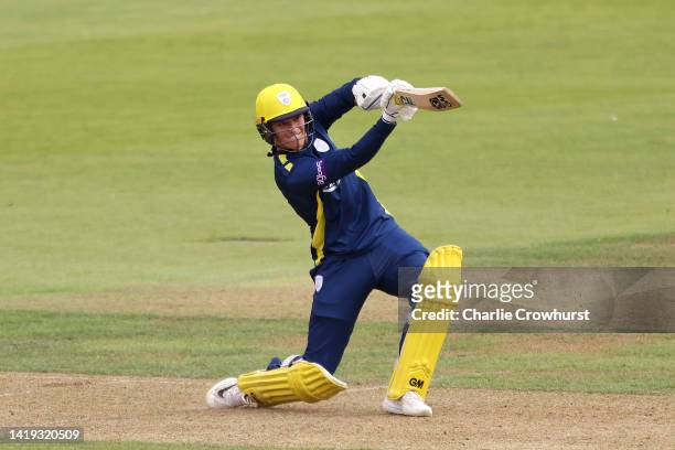 Toby Albert of Hampshire hits out during the Royal London Cup Semi Final between Hampshire and Kent Spitfires at The Ageas Bowl on August 30, 2022 in...