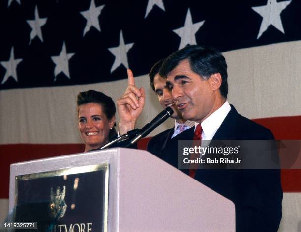 Democratic Presidential Candidate Michael Dukakis and family at the Biltmore Hotel, June 8, 1988 in Los Angeles, California.