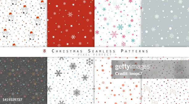 christmas seamless snowflakes background set - 8 pixel perfect vector patterns - old flute stock illustrations