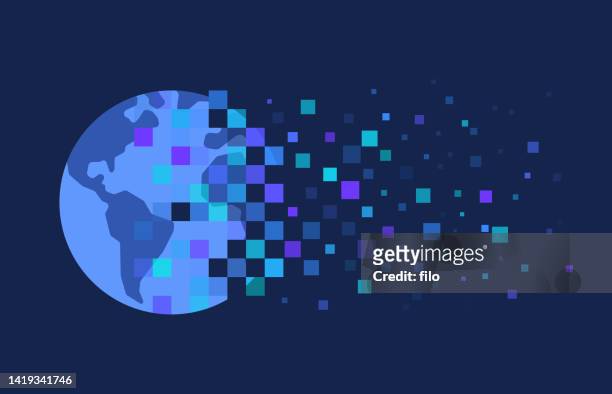 ilustraciones, imágenes clip art, dibujos animados e iconos de stock de digital pixel earth - comunidad global