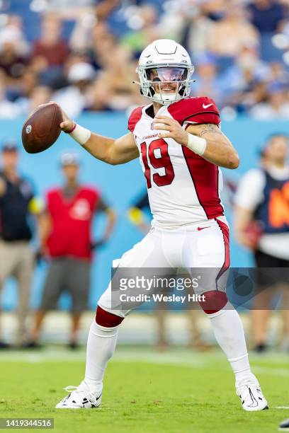 Trace McSorley of the Arizona Cardinals throws a pass during a preseason game against the Tennessee Titans at Nissan Stadium on August 27, 2022 in...