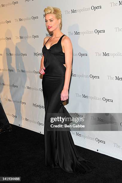 Amber Heard attends the Metropolitan Opera gala premiere Of Jules Massenet's "Manon" at The Metropolitan Opera House on March 26, 2012 in New York...