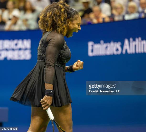Flushing Meadows, N.Y.: Serena Williams pumps her fist after getting advantage to closing out the first set in her first-round match at the US Open...